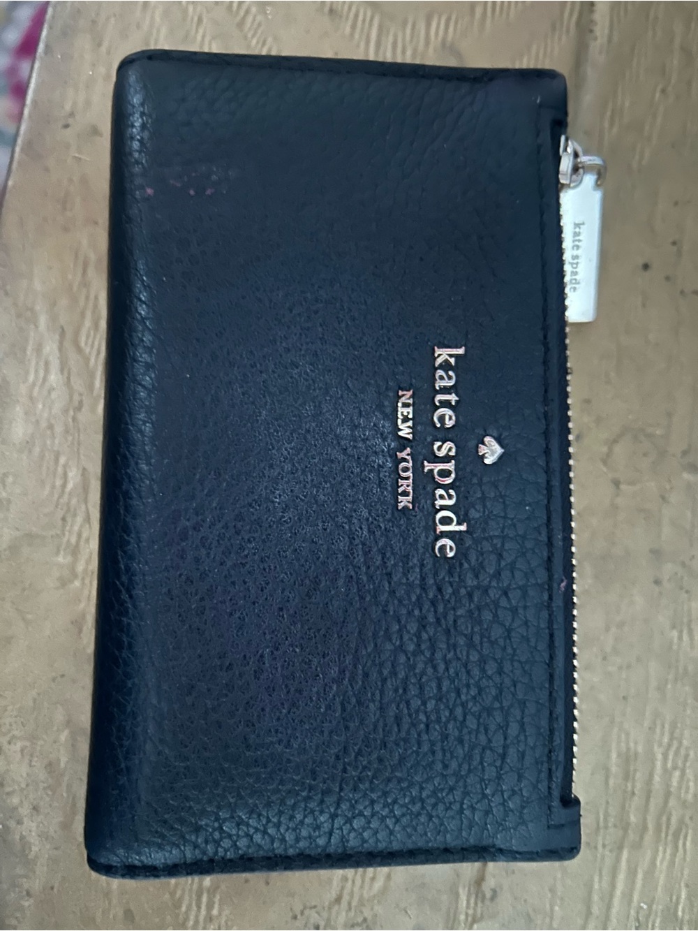 kate spade Black Pebbled Leather Zip Card Wallet with Gold Logo